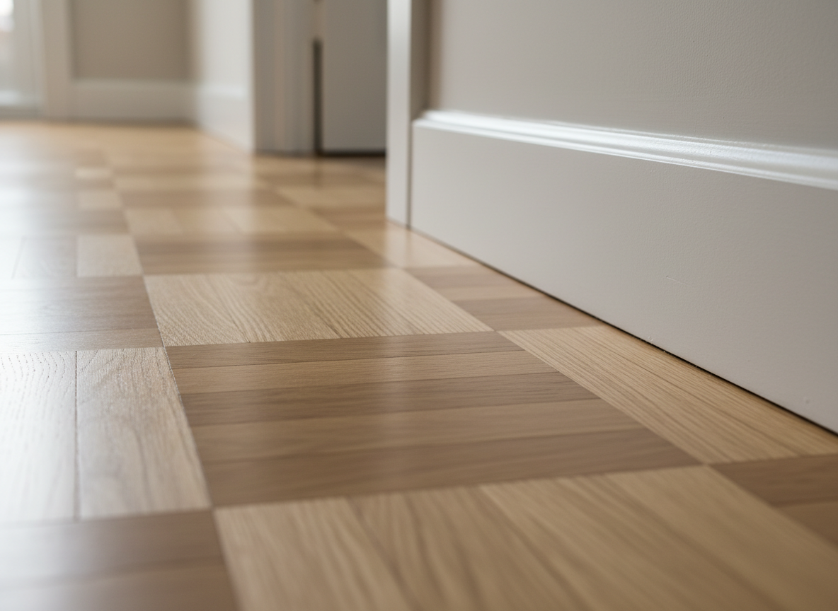 An artisan-level detail shot of a parquet floor edge and skirting board, highlighting restoration precision in photographic realism. The focus is on the junction where a flawlessly sanded and refinished oak parquet meets a pristine white baseboard. Every joint between the small parquet blocks is tight and clean, with a uniform satin finish that reveals natural grain patterns and subtle tonal shifts. The setting is a quiet, minimalist hallway with soft, neutral walls fading into a gentle blur. Indirect daylight from a nearby window casts a delicate, linear reflection along the floor, emphasizing its flatness and expertly leveled surface. Captured from a very low, side-on angle with a shallow depth of field, the atmospheric mood is meticulous, refined, and quietly luxurious, suitable for conveying high-end craftsmanship.