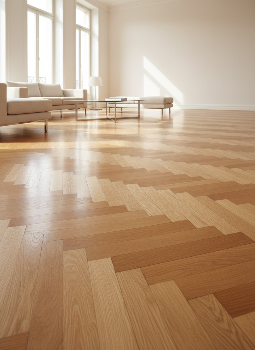 A meticulously restored oak parquet floor in a spacious, elegant living room, photographed in high-resolution realism. The geometric herringbone pattern glows with a satin finish, every wood grain and subtle color variation clearly visible. Floor-to-ceiling windows on the left let in soft afternoon natural light, which reflects gently off the smooth surface and casts refined shadows beneath minimalist furniture with slim metal legs. The walls are a calm, warm white, with no artwork or clutter to distract from the flooring. Shot from a low, slightly diagonal angle that emphasizes the depth and flawless continuity of the parquet. The atmosphere is sophisticated, calm, and luxurious, highlighting the craftsmanship and professional renovation quality.