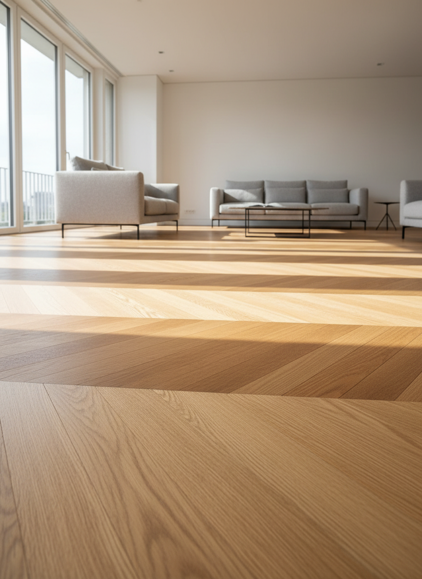 A meticulously restored oak parquet floor in a spacious, elegant living room, photographed in high-resolution realism. The geometric herringbone pattern glows with a satin finish, every wood grain and subtle color variation clearly visible. Floor-to-ceiling windows on the left let in soft afternoon natural light, which reflects gently off the smooth surface and casts refined shadows beneath minimalist furniture with slim metal legs. The walls are a calm, warm white, with no artwork or clutter to distract from the flooring. Shot from a low, slightly diagonal angle that emphasizes the depth and flawless continuity of the parquet. The atmosphere is sophisticated, calm, and luxurious, highlighting the craftsmanship and professional renovation quality.