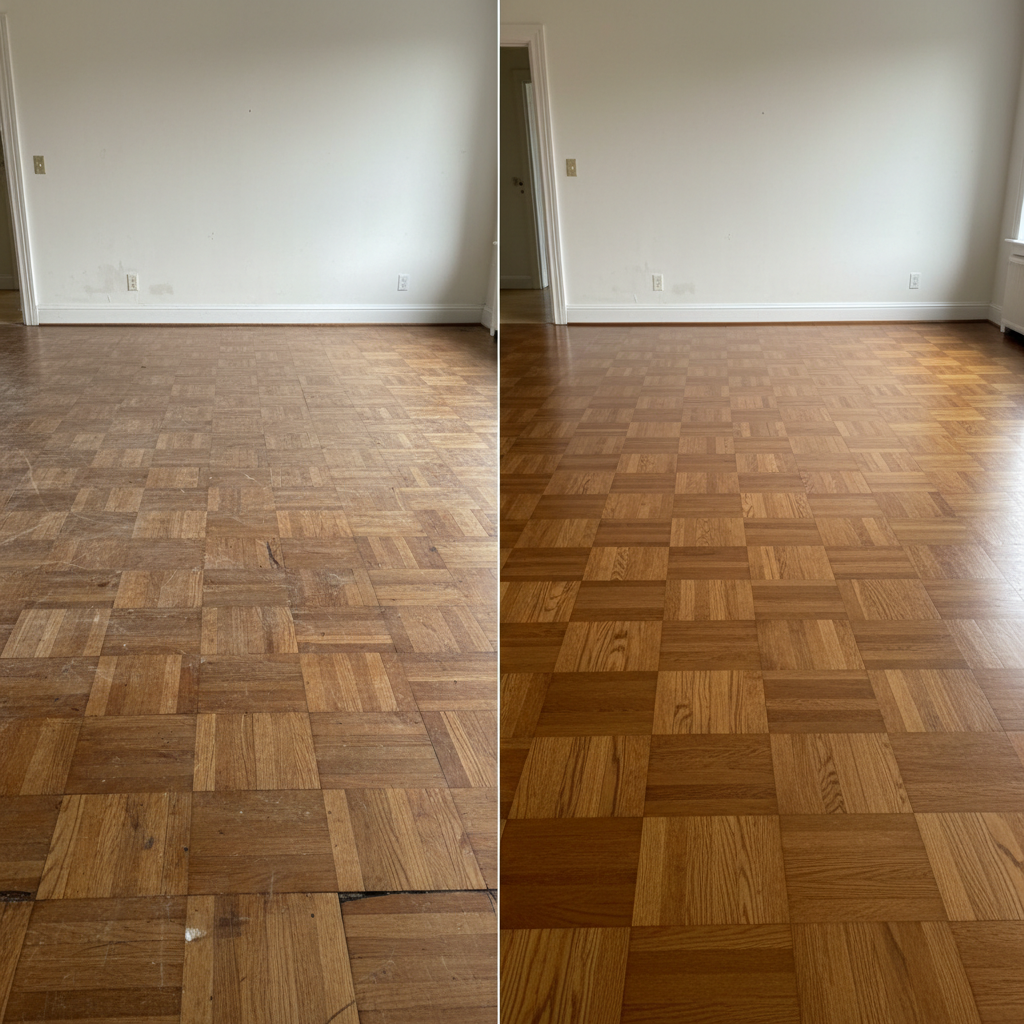 A dramatic before-and-after parquet renovation scene split cleanly down the center of the image in photographic realism. On the left side, a worn, dull oak parquet floor shows scratches, discoloration, and uneven sheen in a simple, unfurnished room with neutral walls. On the right, the same floor after professional sanding and refinishing gleams with a rich, even tone and a smooth satin surface. Soft, diffused daylight from an unseen window creates gentle reflections on the restored side while revealing flaws on the old side. Shot from an eye-level perspective looking across the room, with sharp focus on the floor and a discreet, blurred background, conveying transformation, expertise, and precision.