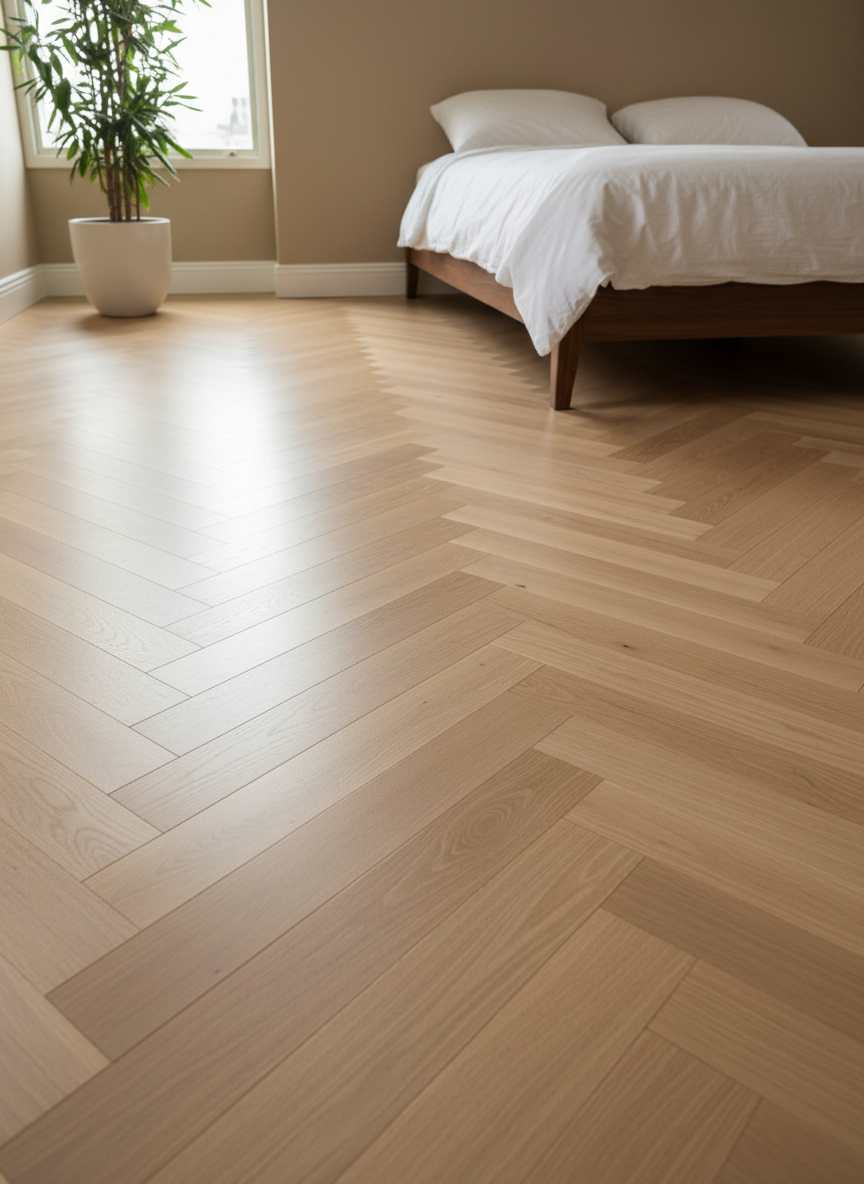 A serene bedroom interior showcasing a newly restored parquet floor in photographic realism. The floor consists of elegant, long oak planks arranged in a chevron pattern, finished in a light, natural tone that brightens the room. A low, minimalist bed frame with crisp white bedding appears in the upper right, leaving most of the frame dedicated to the flawless flooring. Morning light enters from a large unseen window on the left, creating a soft, diffused glow and subtle reflections that accentuate the smoothness of the finish. A single, simple plant in a ceramic pot stands in the far corner, slightly out of focus. Shot from a low, wide-angle perspective near the floor, the mood is calm, modern, and sophisticated, drawing attention to the quality of the parquet renovation.