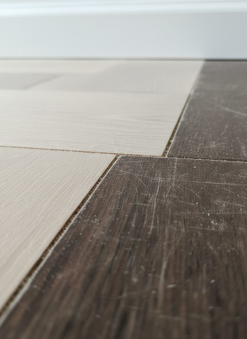 A close-up, detailed macro photograph of parquet sanding in progress, focusing entirely on the wooden floor surface. The image captures a section of oak parquet with half the boards freshly sanded to a pale, velvety smooth finish, and the other half still dark, worn, and scratched. Fine sanding dust gathers delicately in the joints and along the transition line. The setting is a quiet, empty interior with simple white skirting boards just visible at the top edge. Natural, overcast window light from the right produces soft, even illumination, emphasizing texture without harsh shadows. The composition uses a shallow depth of field, keeping the transition zone razor-sharp while the background gently blurs, creating a technical yet elegant mood that showcases craftsmanship and process.