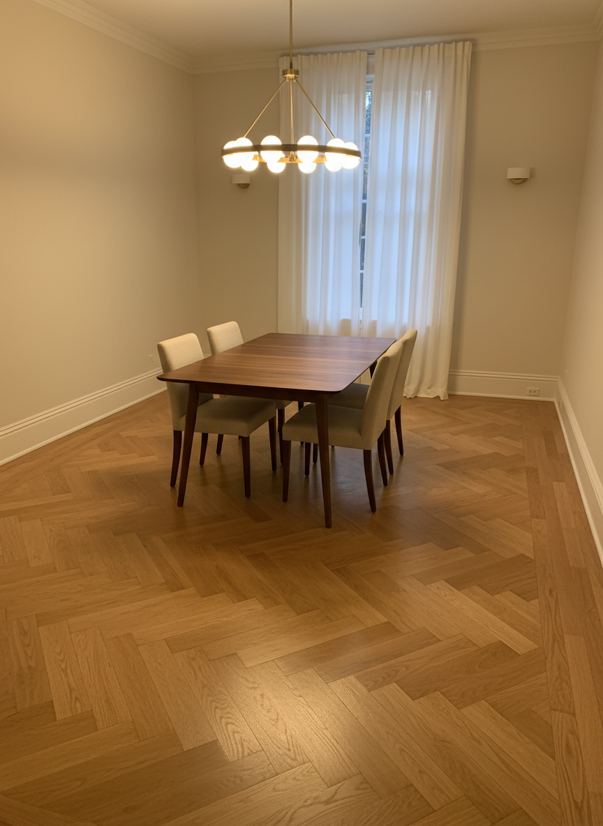 An impeccably refinished parquet floor in a classic dining room, captured in photographic realism. The room features a rich, warm-toned oak herringbone pattern with a semi-matte finish that subtly reflects the glow of a modern chandelier above. A sleek, dark wooden dining table with slender legs stands centrally, its shadow gently stretching across the floor. Light cream walls, tall baseboards, and a single large window with sheer curtains create a refined, timeless backdrop. Soft evening light mixes with warm artificial lighting, creating a sophisticated ambiance. Shot from a slightly elevated angle, the composition uses the rule of thirds to lead the eye along the lines of the parquet toward the far wall, emphasizing the flawless, even surface and professional restoration quality.